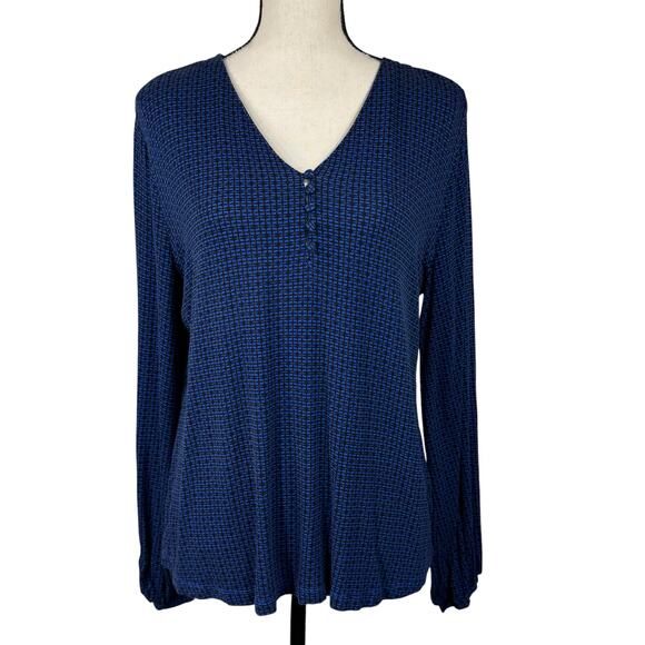 Liz Claiborne Large Top Abstract Long Balloon Sleeves V-Neck Stretch Hi-Low Hem - Picture 1 of 8